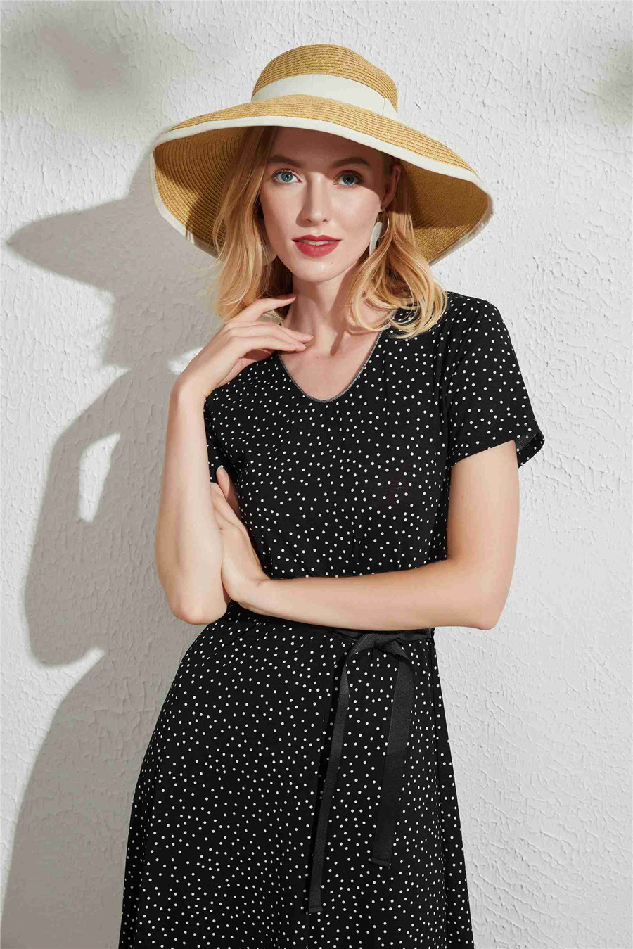 Women Elegant Short Sleeve Black Round Neck Waisted Casual Maxi Polka Dot Essentials Dress