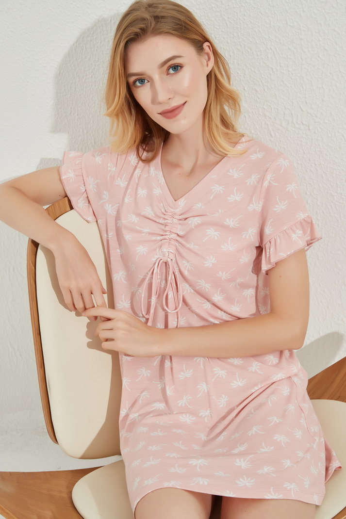 Girls' Pink V-neck Print Ruffle Short Sleeve Dress