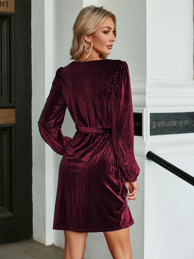 CCI Elegant Party Dress Corduroy Bridesmaid Women Office Ladies Belt Long Sleeve Mini Dress Winter Lace Up Vestido YJ038