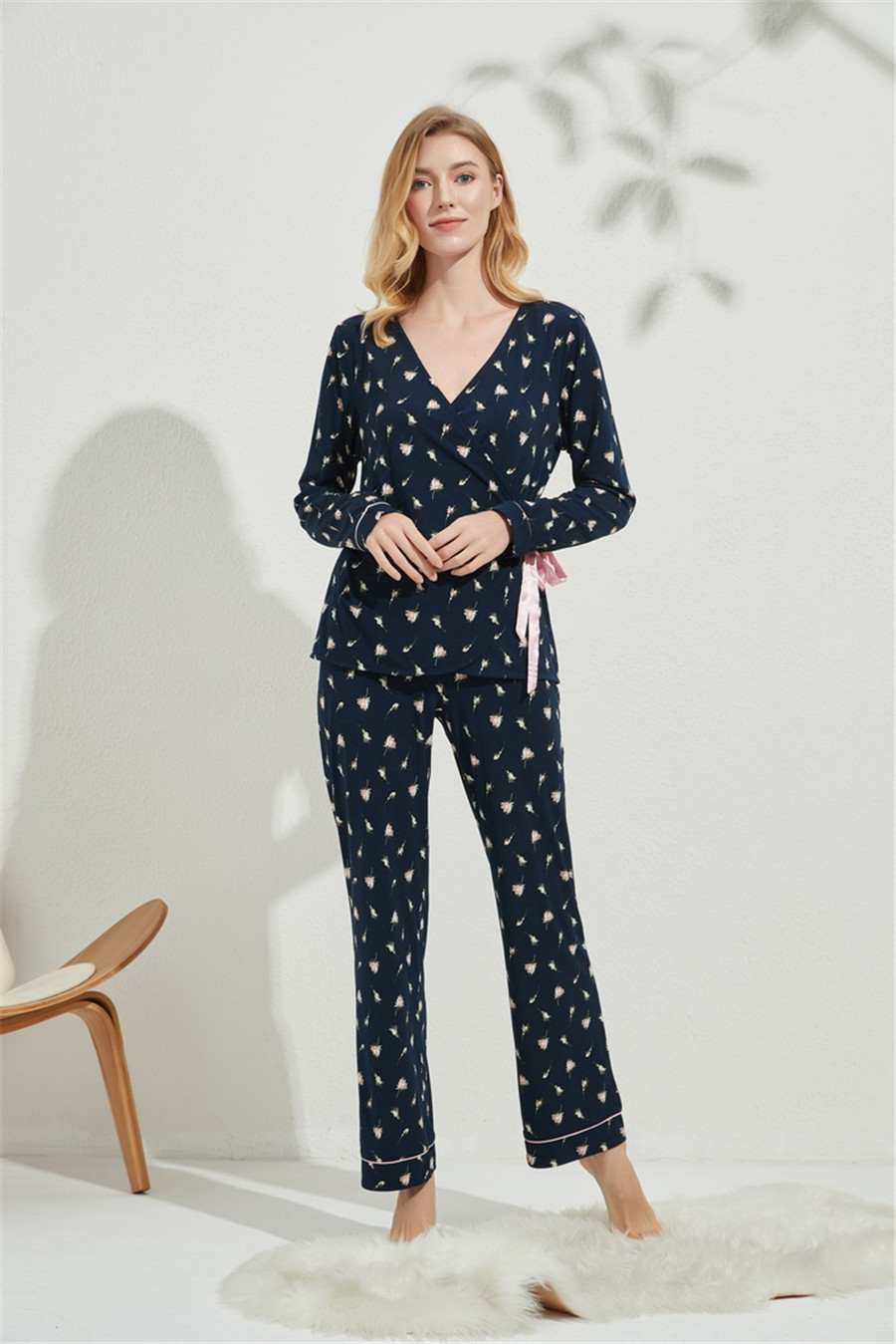 Pajama Set Long Sleeve Sleepwear Womens Wrap Placket Flower Print Night Wear Soft Pj Lounge Sets
