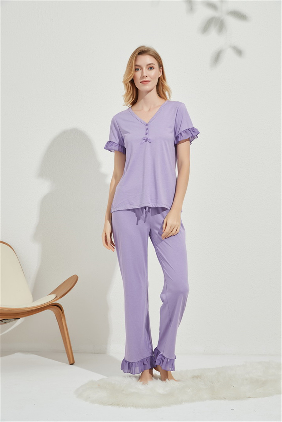 Womens V-neck Sleepwear Short Sleeve Long Pant Pajama Set Soft Loung Wear Comfortable Nightwear