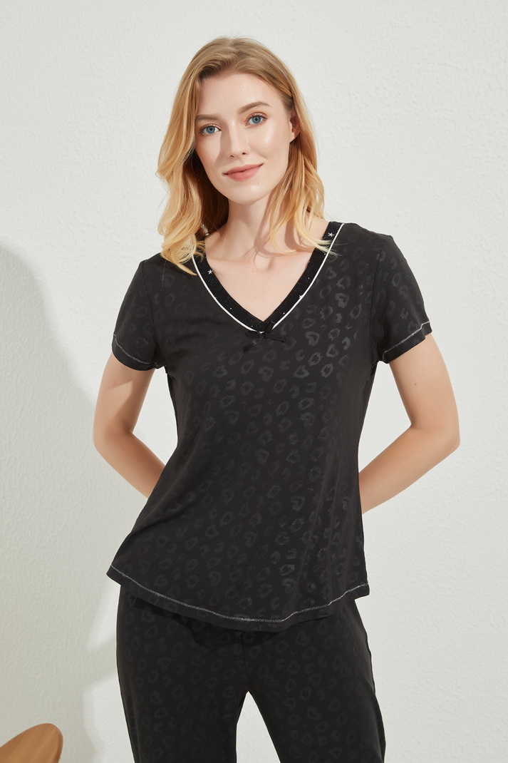 Fashion Lady's Short Sleeve Black Pajama Set