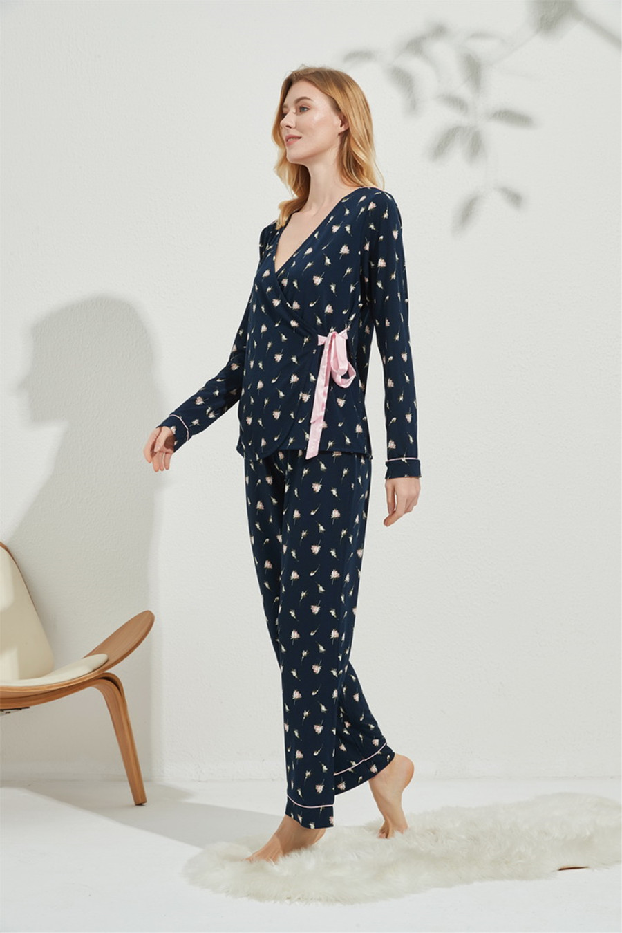 Pajama Set Long Sleeve Sleepwear Womens Wrap Placket Flower Print Night Wear Soft Pj Lounge Sets