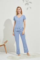 Womens Lace Pajama Sets Short Sleeve Shirt And Pajama Pants 2 Piece Lounge Sleep Set Soft Pj Button Down Nightwear