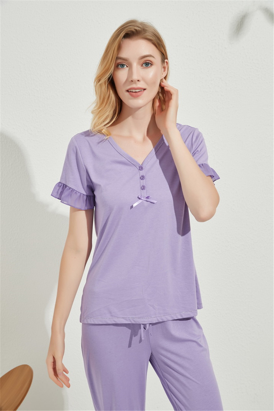 Womens V-neck Sleepwear Short Sleeve Long Pant Pajama Set Soft Loung Wear Comfortable Nightwear