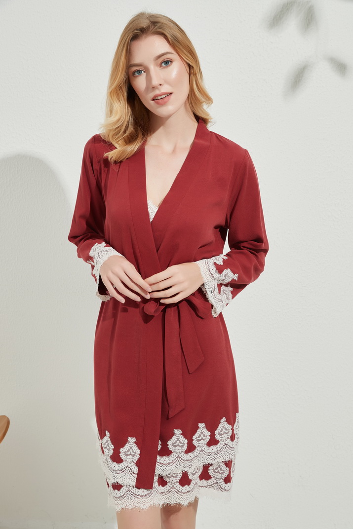 Women's Long Sleeve Red Fashion Robe with Lace Embellishment 