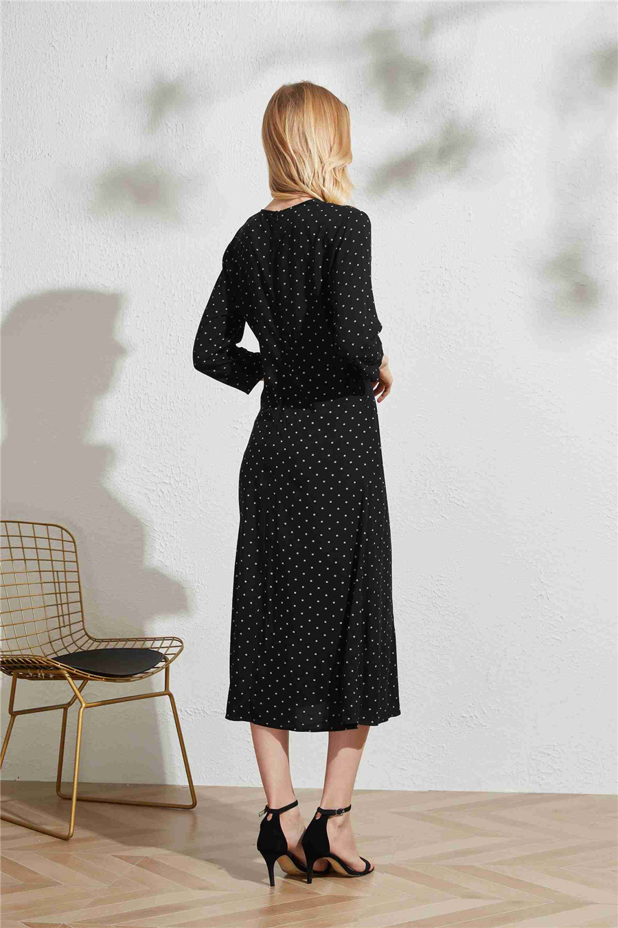 Women Elegant Long Sleeve Black V Neck Wrap Maxi Polka Dot Dress