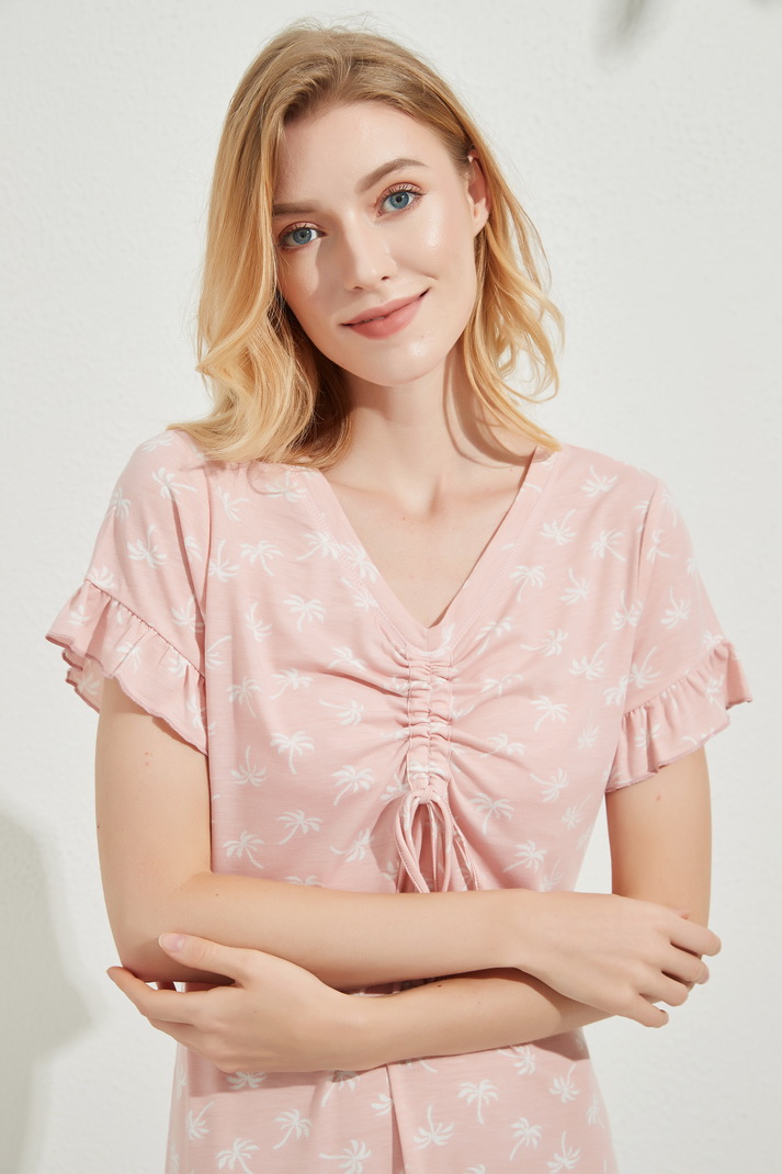 Girls' Pink V-neck Print Ruffle Short Sleeve Dress