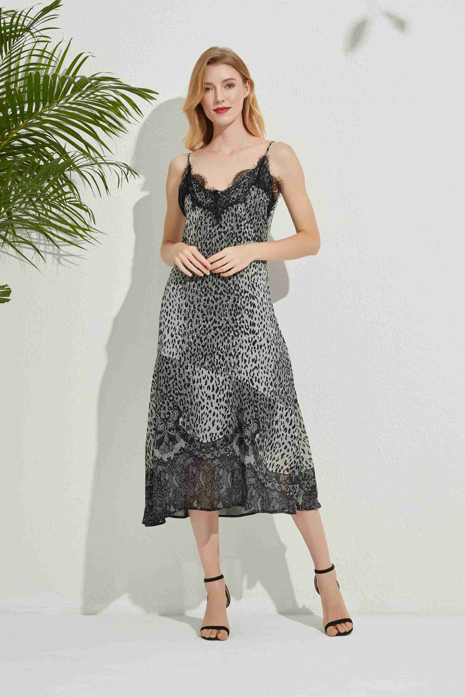 Women's Leopard Pattern Lace Trim Sexy Suspender Dress