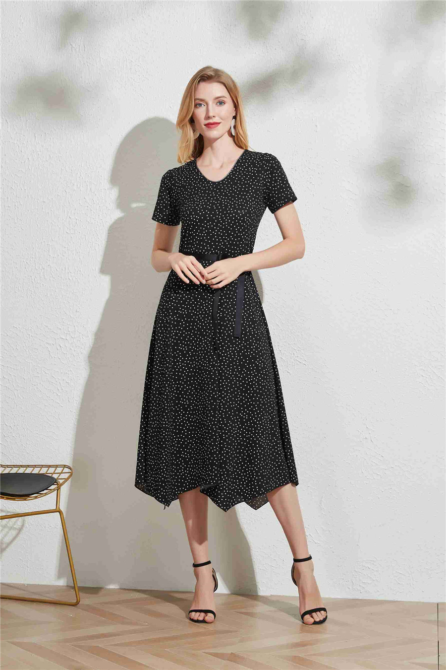 Women Elegant Short Sleeve Black Round Neck Waisted Casual Maxi Polka Dot Essentials Dress